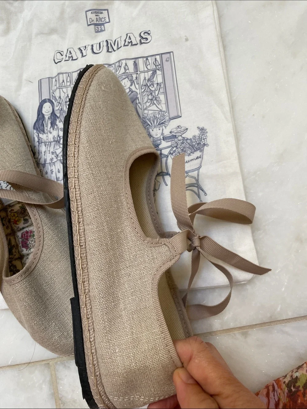 Cayumas - Women's Beige Linen Espadrille Flats with Ribbon Tie